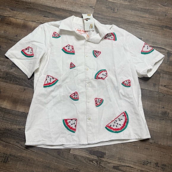 Perte D'ego Button Down Watermelon Sequin Embroidery Blouse - Picture 1 of 11